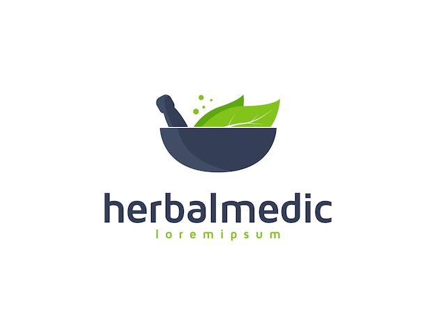 Logotipo da medicina tradicional de ervas com folhas e ilustração de pilão