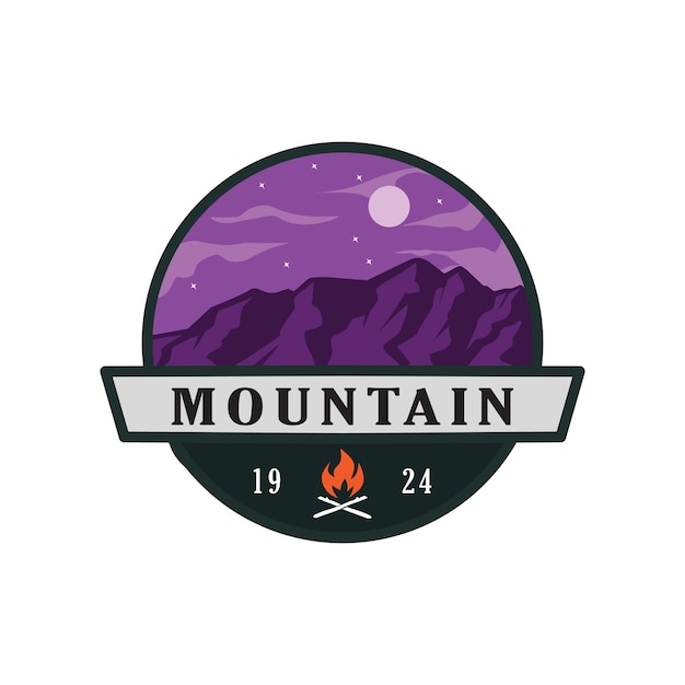 Vetor logotipo da montanha à noite com fogo