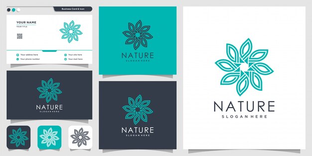 Logotipo da natureza com estilo de contorno e modelo de design de cartão de visita, fresco, arte de linha, flor, folha, abstrato