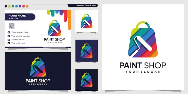 Logotipo da oficina de pintura com estilo moderno de bolsa colorida e modelo de cartão de visita