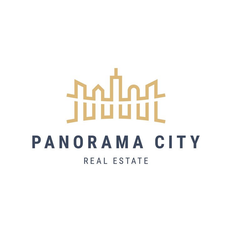 Vetor logotipo da paisagem da cidade panorama com arranha-céus. arquitetura edifícios delinear ilustração. logotipo de apartamento imobiliário