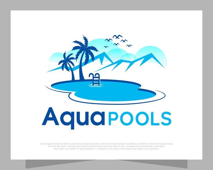 Logotipo da piscina com montanha e árvore de coco.