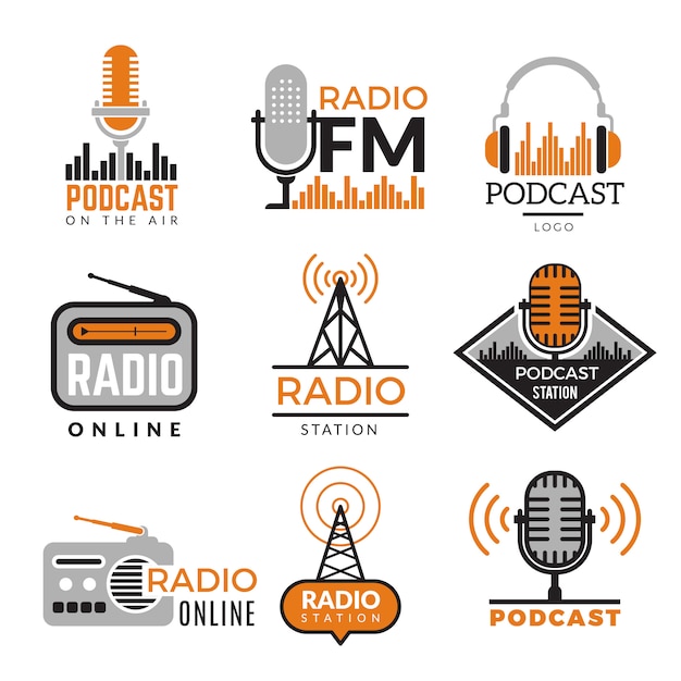 Logotipo da rádio. Podcast torres emblemas sem fio estação de rádio coleção de símbolos