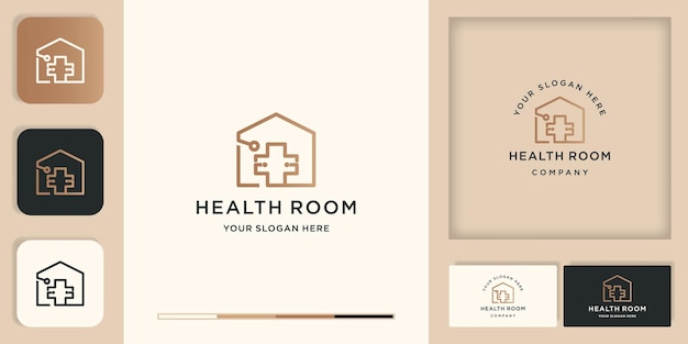 Logotipo da sala médica, estetoscópio combinam cruz e casa