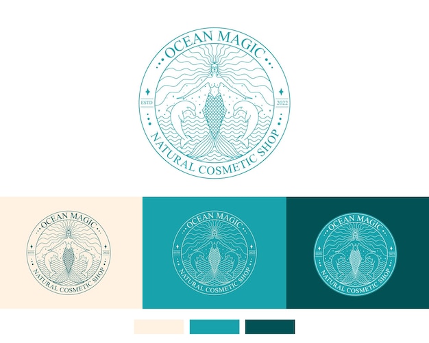 Logotipo da sereia Ilustração vetorial de modelo de marca Sereia e menina marinha com cauda Ilustração vetorial desenhada à mão vintage para logotipo e pôster