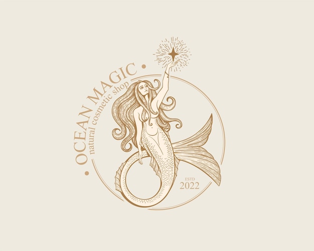 Logotipo da sereia ilustração vetorial de modelo de marca sereia e menina marinha com cauda ilustração vetorial desenhada à mão vintage para logotipo e pôster