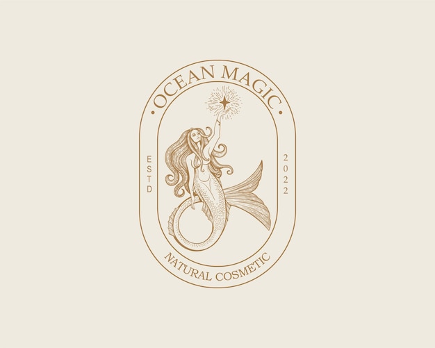 Logotipo da sereia ilustração vetorial de modelo de marca sereia e menina marinha com cauda ilustração vetorial desenhada à mão vintage para logotipo e pôster