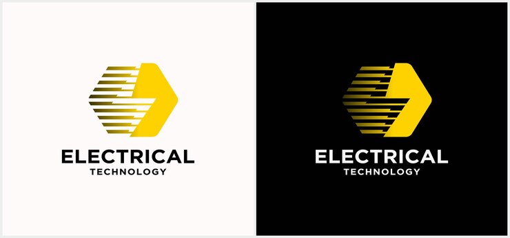 Logotipo da tecnologia da indústria elétrica. Logotipo da força. com relâmpagos e fundo escuro.