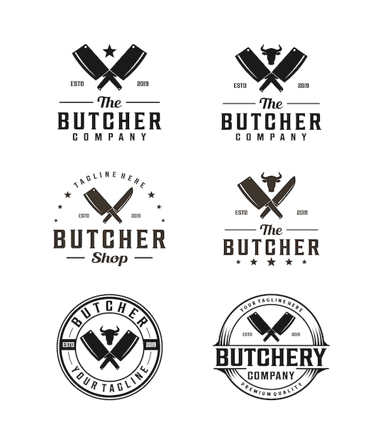 Logotipo de açougueiro com silhueta de cutelo e cabeça de vaca
