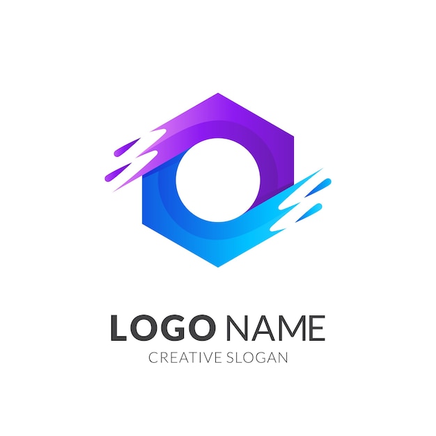 Logotipo de água doce, hexágono e água, logotipo de combinação com estilo 3d roxo e azul