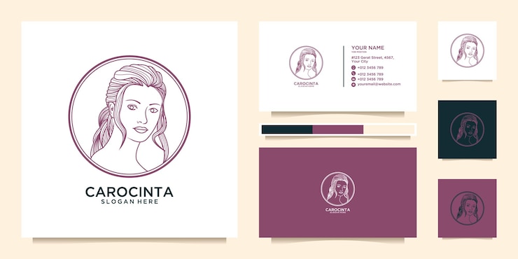 Vetor logotipo de arte de linha de mulher bonita e cartão de visita