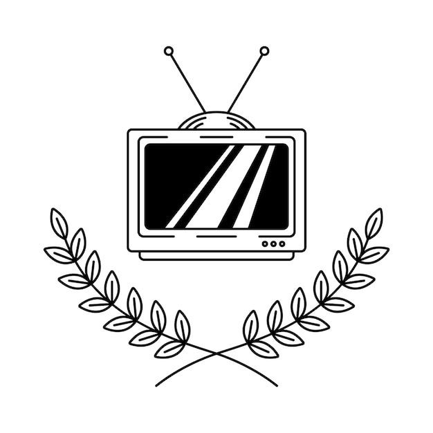Logotipo de arte de linha simples de folhas de coroa com televisão