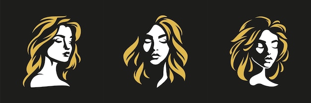 Logotipo de arte de silhueta minimalista de cabelo de rosto de mulher romântica para salão de beleza de penteado conjunto vetor plano