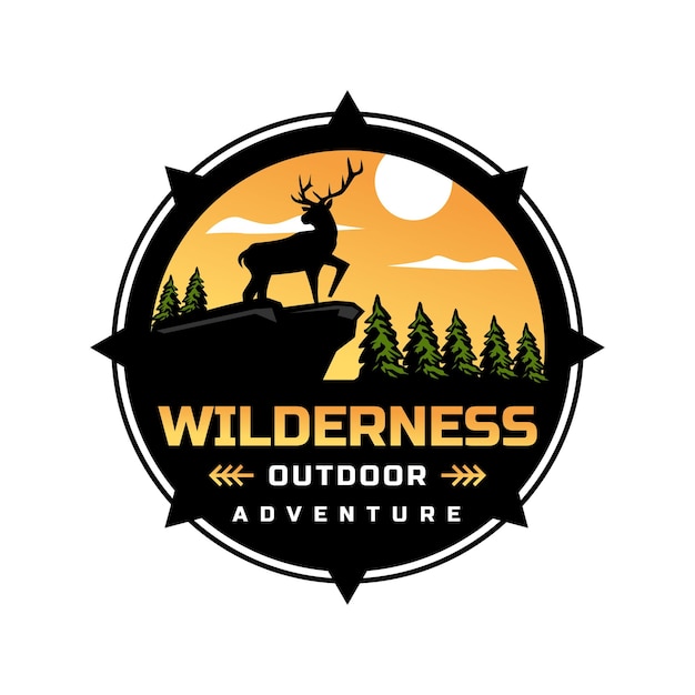 Logotipo de aventuras ao ar livre de montanha e veado