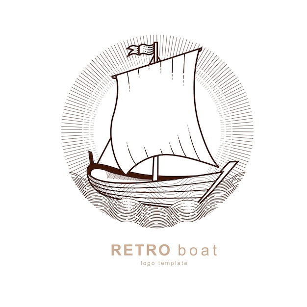 Vetor logotipo de barco vintage. modelo de design de logotipo náutico. barco viking isolado no desenho branco, linear.