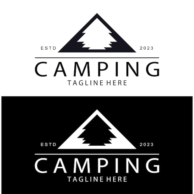 Logotipo de barraca vintage e retrô acampando com árvore de tenda e sinal de fogueira aventureiros escoteiros alpinistas
