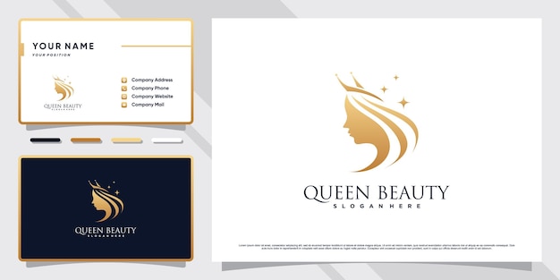 Logotipo de beleza da rainha com cor de estilo dourado e design de cartão de visita vetor premium