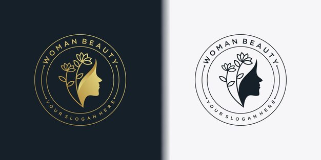Logotipo de beleza de mulher moderna com estilo de arte de linha de emblema criativo e cartão de visita para salão de beleza Premium Vector