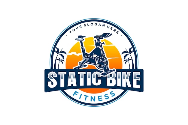 Logotipo de bicicleta estática spin bike ginásio design de fitness ao ar livre pôr do sol emblema estilo de emblema de palmeira