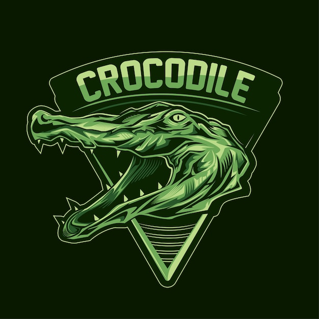 Logotipo de cabeça de crocodilo com texto em fundo escuro