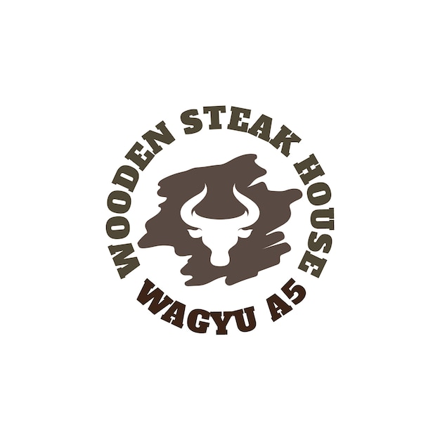 Logotipo de cabeça de vaca wagyu de churrascaria de madeira