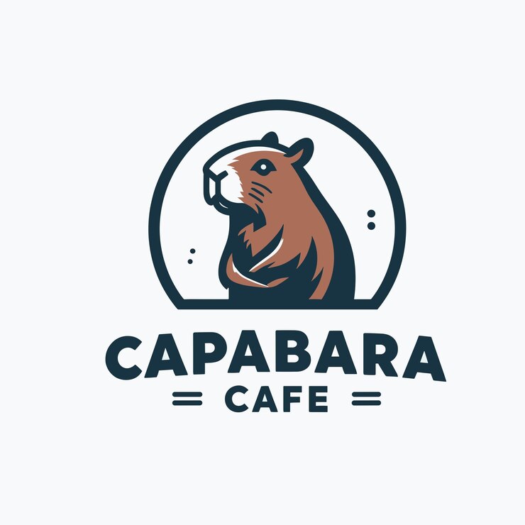 Vetor logotipo de café com um símbolo de capibara brincalhão que combina design moderno com tons quentes e aconchegante