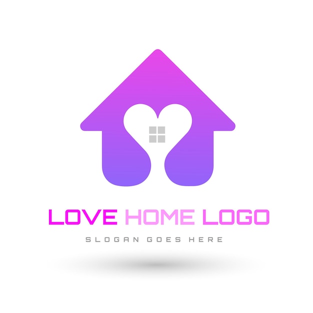 Logotipo de casa de amor roxo e rosa com um coração e uma casa