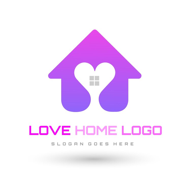 Logotipo de casa de amor roxo e rosa com um coração e uma casa