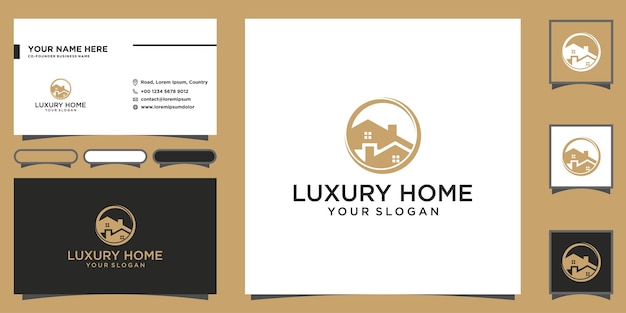 Logotipo de casa de luxo com cor de ouro do círculo e modelo de cartão de visita vetor premium