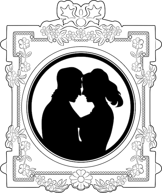 Logotipo de casamento homem e mulher em design de linha de amor com moldura vintage