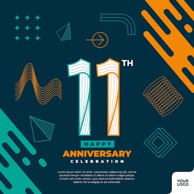 Logotipo de celebração do 11o aniversário com forma geométrica abstrata colorida de fundo y2k