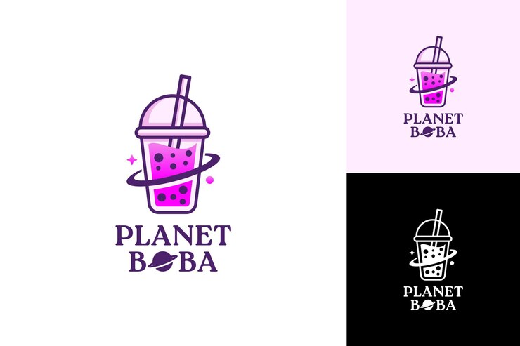 Vetor logotipo de chá de bolha de leite boba planeta de bebida fresca boba vetor de design de logotipo