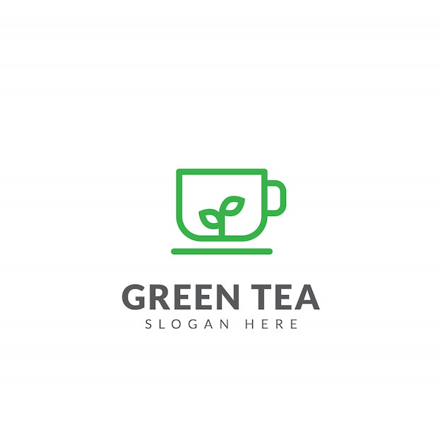 Logotipo de chá verde ou modelo de design de vetor de ícone com xícaras de chá e folhas