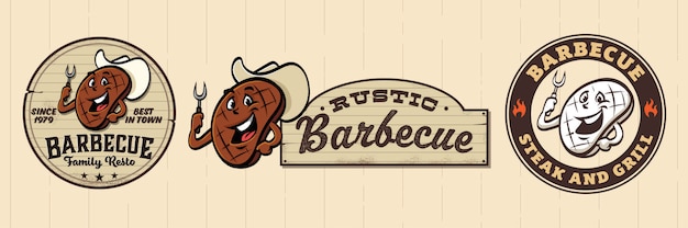 Vetor logotipo de churrasco de desenho retrô com carne