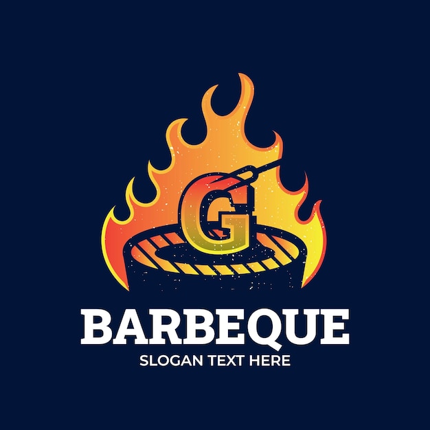 Vetor logotipo de churrasco de logotipo de letra g com logotipo de churrasco e conceito de fogo em combinação com espátula vintage