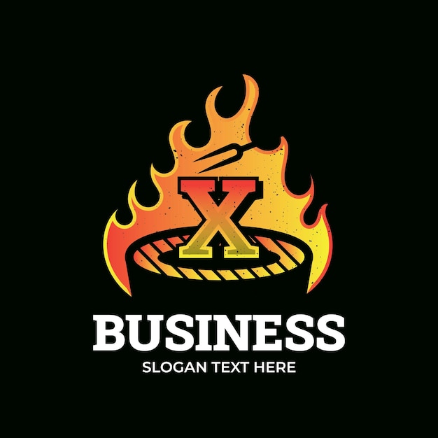 Vetor logotipo de churrasco de logotipo de letra x com logotipo de churrasco e conceito de fogo em combinação com espátula vintage