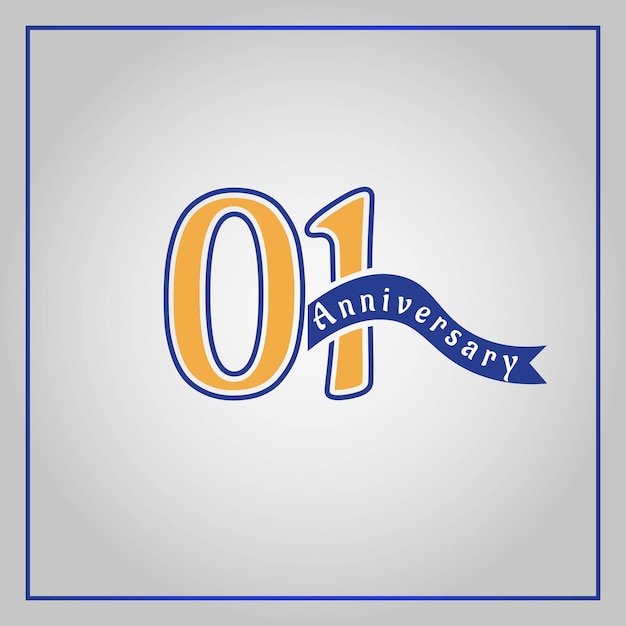 Logotipo de comemoração de aniversário de 01 anos colorido com amarelo e azul, usando vetor de fita azul.
