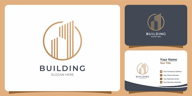 Logotipo de construção minimalista com design de logotipo em estilo line art e modelo de cartão de visita
