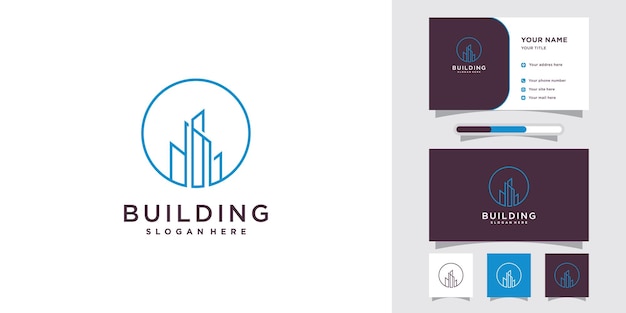 Logotipo de construção para construção de negócios com estilo de arte de linha e design de cartão de visita vetor premium