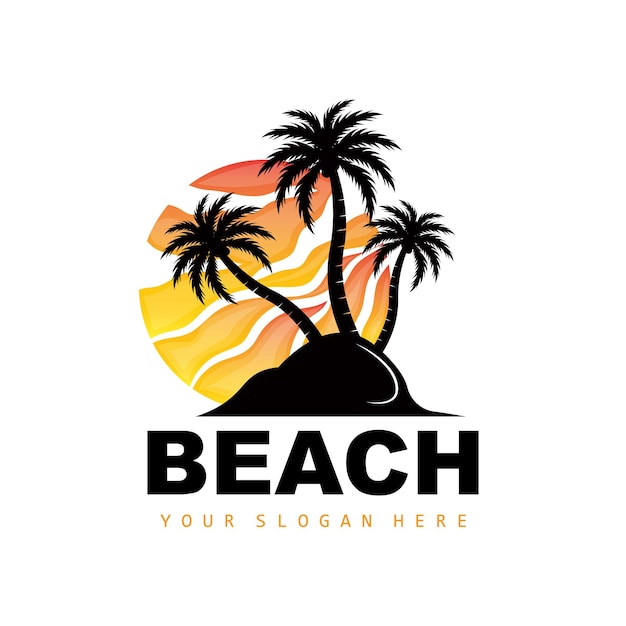 Logotipo de coqueiro com atmosfera de praia Planta de praia Vector Design de vista do pôr do sol