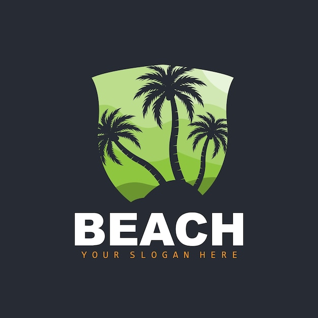 Vetor logotipo de coqueiro com atmosfera de praia planta de praia vector design de vista do pôr do sol