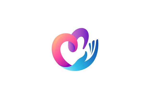Logotipo de coração e mão com estilo de design simples