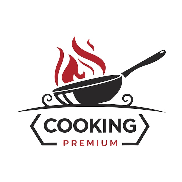 Logotipo de culinária premium com um Wok com chamas