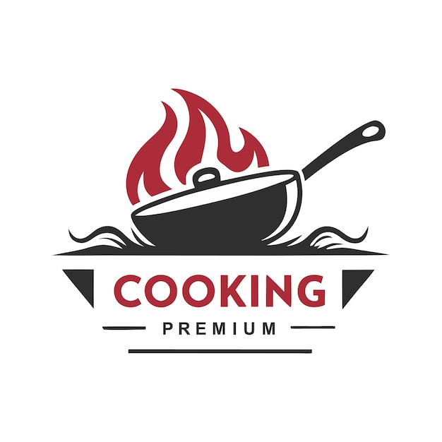 Logotipo de culinária premium com Wok e Chamas