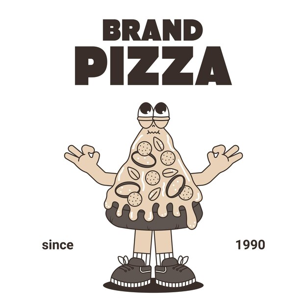 Logotipo de desenho animado retro vintage com personagem pizza mascote fofo com sorriso e emoção psicodélica paleta monocromática ilustração vetorial funky em estilo groovy