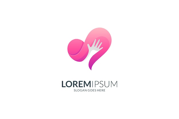 Logotipo de design de coração e mão com gradiente de cor rosa