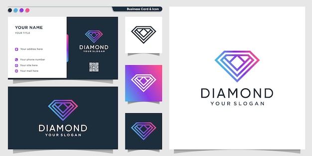 Logotipo de diamante com estilo de arte de linha gradiente e design de cartão de visita premium vector