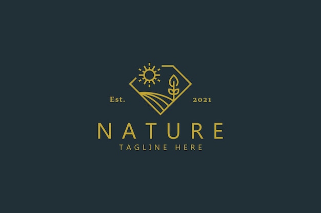 Logotipo de distintivo de luxo de fazenda natural com paisagem de ilustração em forma de diamante. modelo de design de ideia criativa.