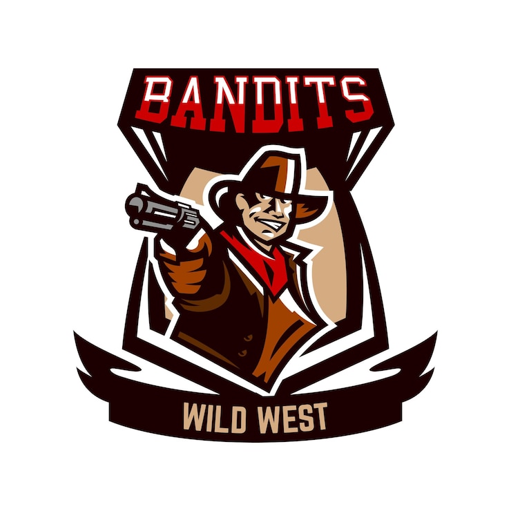 Vetor logotipo de emblema colorido cowboy segurando um revólver wild west um bandido um ladrão um xerife um tiroteio ilustração vetorial