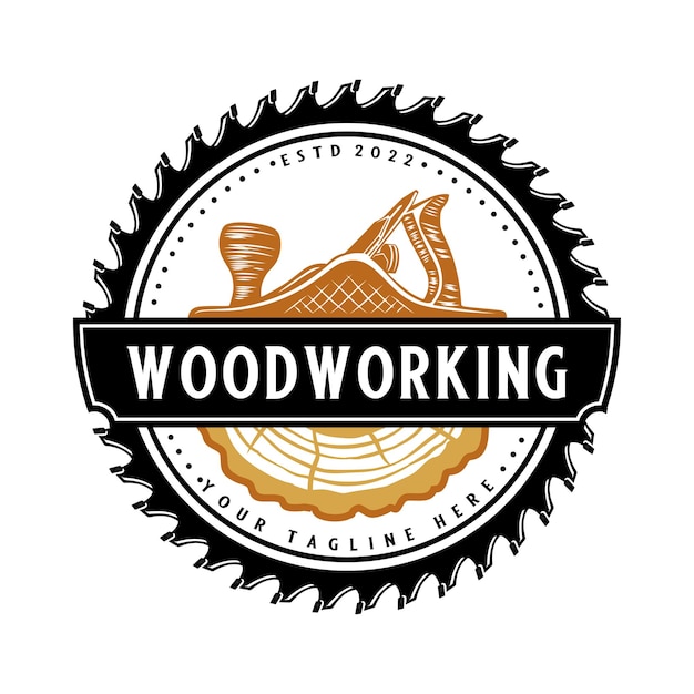 Logotipo de emblema de carpintaria com lâmina de serra, plenner e ilustração de madeira. para empresas de carpintaria